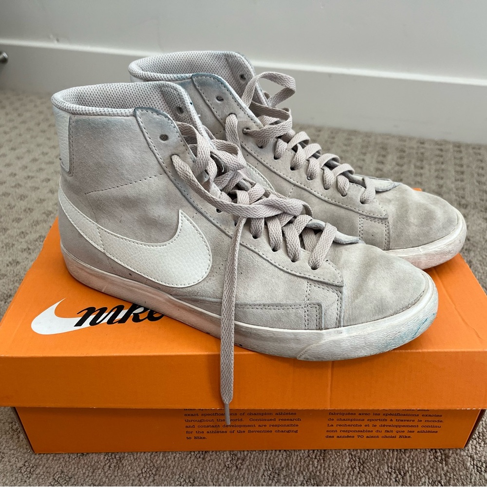 Beige and white suede Nike high top blazers